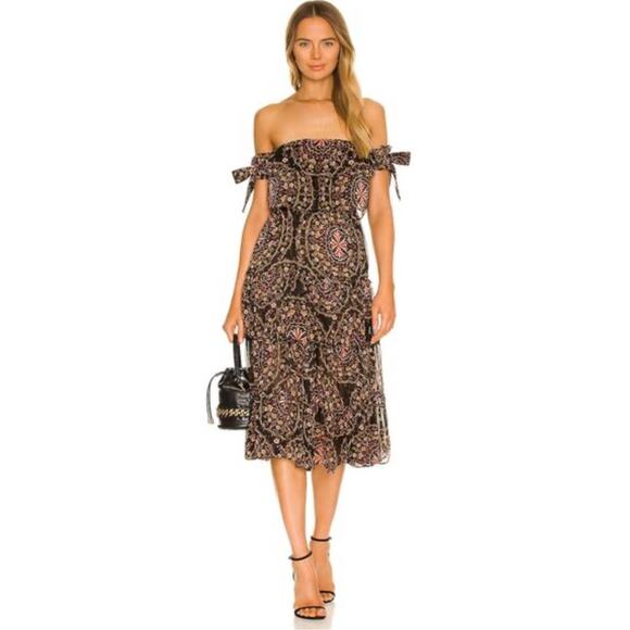 MISA Micaela Tiered Off Shoulder Midi Dress XS Las Brisas Medallion Black Brown - Picture 1 of 12